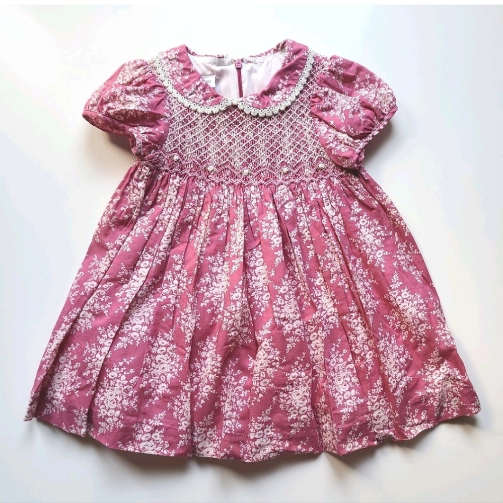 🩷~Vintage~ Bonnie Jean Smocked Embroidered Rose Pink Floral Dress Girls 2T